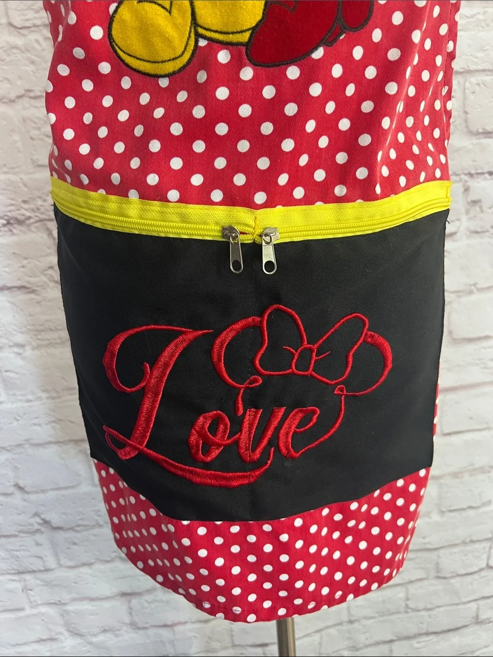 Handmade Red Polka Dot Mickey & Minnie Apron with Black 'Love' Pocket